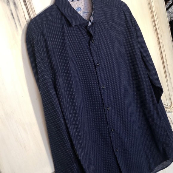 Men’s Mickelsons London Slim Fit Stretch Navy Dot Long Sleeve Dress Shirt Size L - Picture 2 of 10